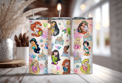 Water-color Disney Princess Tumbler - Colorful Animated Princess Tumbler - Your Fairytale Sip Companion for Enchanting