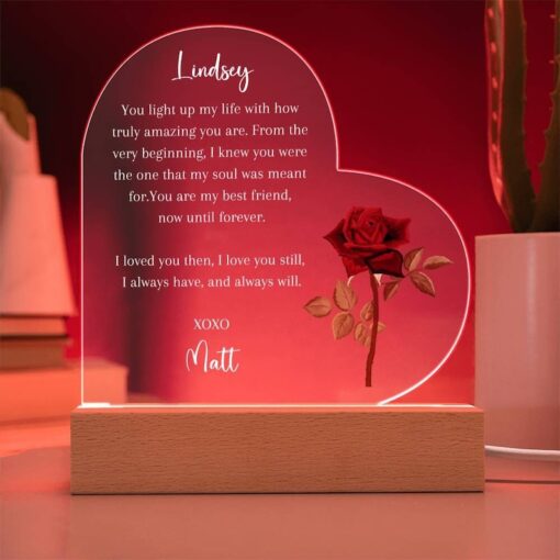 Red Rose Personalized Acrylic Heart Plaque Valentines Day Gift for Wife LED Love Plaque for Couples Girlfriend Valentine