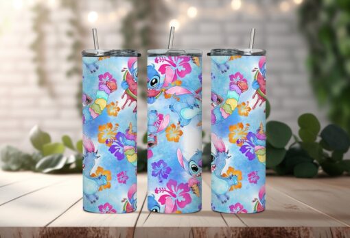 Water-Color Aloha Cartoon Disney Tumbler - Ohana Means Family Tumbler - Multi-Color Hawaiian Flower Tumbler Perfect for