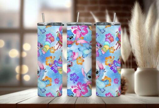 Water-Color Aloha Cartoon Disney Tumbler - Ohana Means Family Tumbler - Multi-Color Hawaiian Flower Tumbler Perfect for