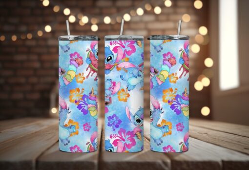 Water-Color Aloha Cartoon Disney Tumbler - Ohana Means Family Tumbler - Multi-Color Hawaiian Flower Tumbler Perfect for