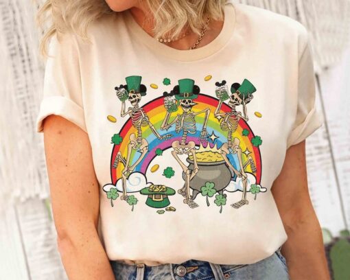 Disney St Patrick's Day Party Dancing Skeleton Mickey Ears Shirt, Funny Skeleton Happy Saint Patrick Tee