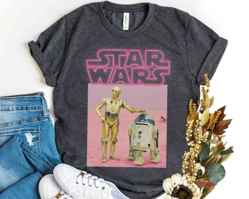 Funny Star Wars Droids R2-D2 C-3PO Pink Neon Title Portrait Shirt