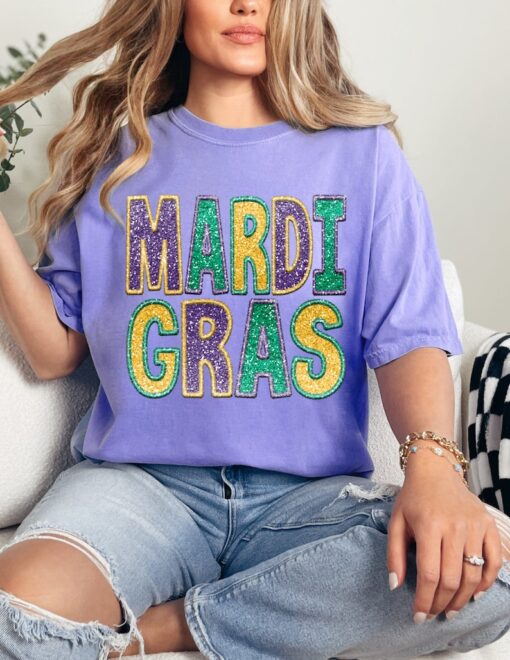 Women's faux glitter effect Mardi Gras shirt, Women's sparkly effect Mardi Gras shirt