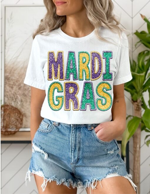 Women's faux glitter effect Mardi Gras shirt, Women's sparkly effect Mardi Gras shirt