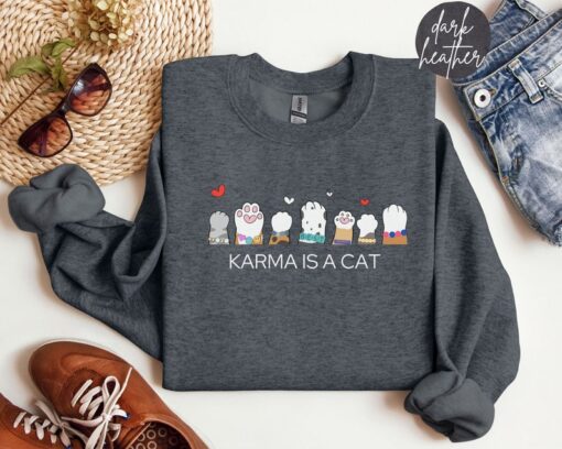 Karma is a Cat Sweatshirt, Midnights Album, Swiftie Fan Gift, Swiftie Friendship Bracelets, Swiftie Music Lyrics