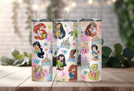 Water-color Disney Princess Tumbler - Colorful Animated Princess Tumbler - Your Fairytale Sip Companion for Enchanting