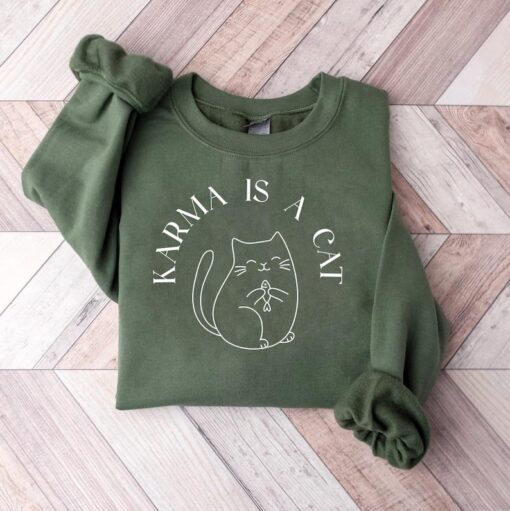 Karma Is A Cat Inspired Sweatshirt, Swiftie Karma Sweatshirt, Taylor Eras Cat Lovers Shirt, Taylor’s Album Shirt