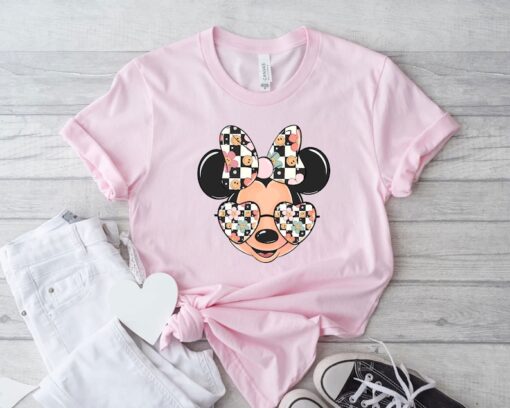 Checkered Retro Minnie Shirt,Minnie Mouse Sweatshirt,Minnie Smiley Face Sunglasses Shirt,Disney Girls Trip Tee