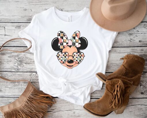 Checkered Retro Minnie Shirt,Minnie Mouse Sweatshirt,Minnie Smiley Face Sunglasses Shirt,Disney Girls Trip Tee