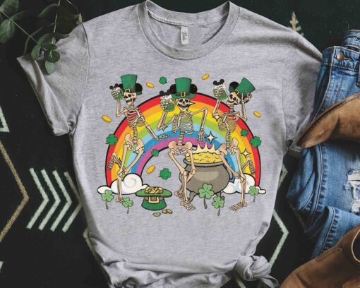 Disney St Patrick's Day Party Dancing Skeleton Mickey Ears Shirt, Funny Skeleton Happy Saint Patrick Tee