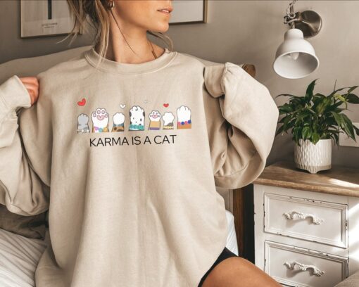 Karma is a Cat Sweatshirt, Midnights Album, Swiftie Fan Gift, Swiftie Friendship Bracelets, Swiftie Music Lyrics