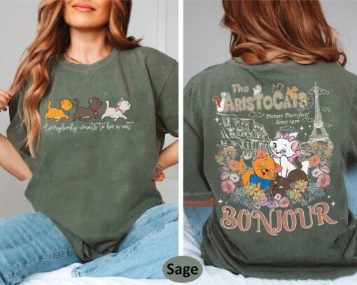 Vintage Two-sided Aristocats Bonjour Shirt, Floral Aristocats Shirt, Disney Cats Shirt, Everybody Wants Cat