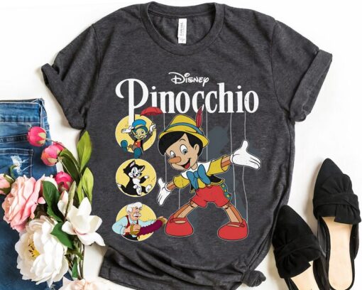 Pinocchio Vintage Movie Characters Group Shot, Disney Pinocchio Vintage Geppetto Tee