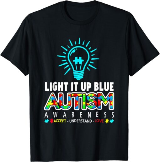 Light It Up Blue Autism Awareness Shirt Puzzle Piece Ribbon T-Shirt