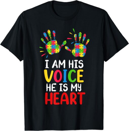 Autism Awareness Mom Dad Shirt, I am His Voice He's My Heart T-Shirt