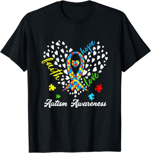 Autism Awareness Faith Hope Love Autism Heart Ribbon Puzzle T-Shirt