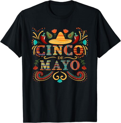 Cinco De Mayo with Sombrero, Chili, Mexico Tacos and Avocado T-Shirt