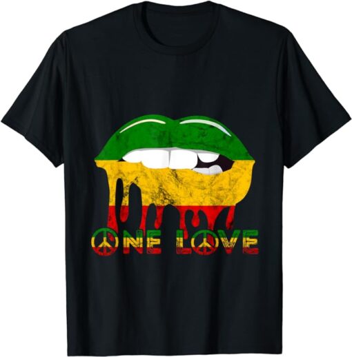 Rasta Reggae Lips Mouth Jamaican Music Kissing One Love T-Shirt