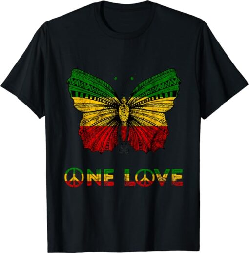 One Love Rasta Butterfly Reggae Hippie Rastafari Roots T-Shirt