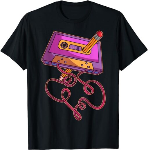 80s Cassette Tape Pencil 1980s Retro Vintage Throwback Music Short Sleeve T-Shirt