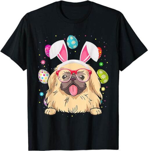 Cute Bunny Pekingese Dog Face Easter Eggs Easter Day T-Shirt