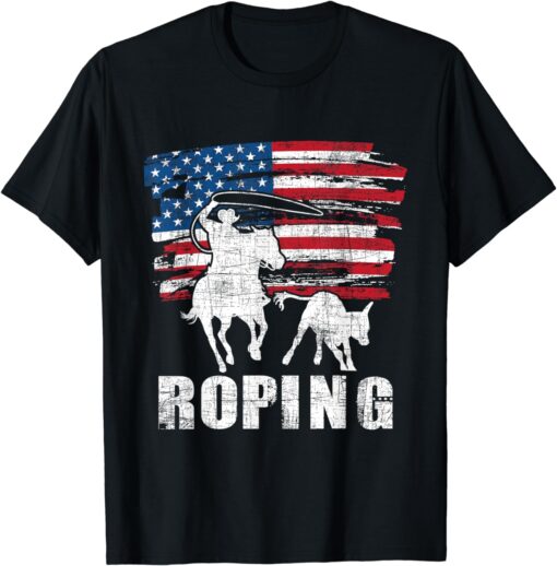 Team Roping - Roper USA American Flag Header Heeler Horse T-Shirt