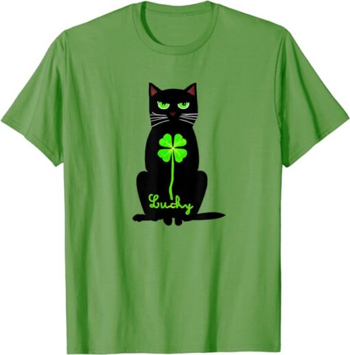 St Patrick's Day Lucky Black Cat Green Clover T-Shirt