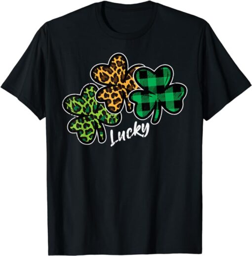 Leopard Shamrocks Lucky St Patricks Day Women Girls Kids T-Shirt