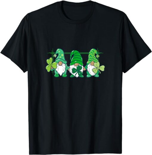 Three Gnomes Holding Irish Clover Shamrock St Patrick's Day T-Shirt