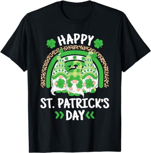 Happy St Patricks Day Leopard Rainbow Irish Gnomes Shamrock T-Shirt