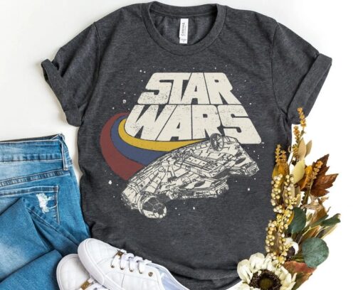 Retro Disney Star Wars Millennium Falcon Ship Three Stripes Shirt