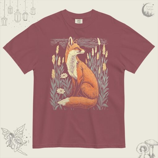 Linocut Fox Wildflower Field TShirt, Comfort Colors Tee