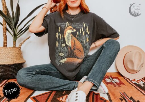 Linocut Fox Wildflower Field TShirt, Comfort Colors Tee