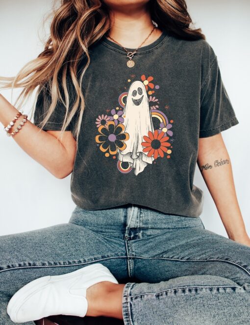 Retro Halloween Comfort Colors shirt, Flower Ghost Sketch Shirt