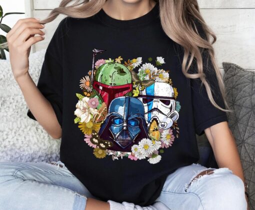 Star Wars Darth Vader Stormtrooper Boba Fett Helmet Floral Retro Shirt