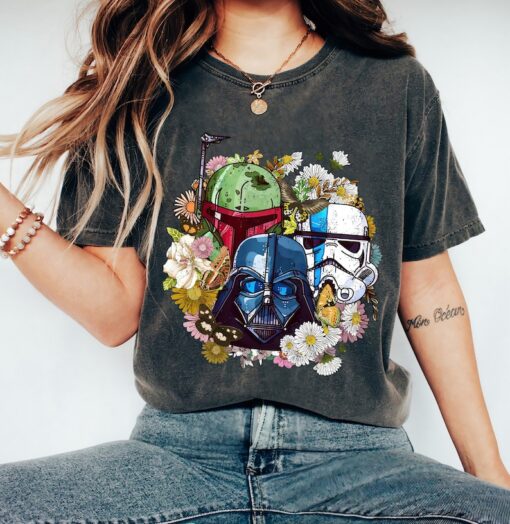 Star Wars Darth Vader Stormtrooper Boba Fett Helmet Floral Retro Shirt