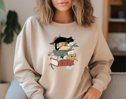 Cat Book Sweatshirt, Books and Cats Hoodie, Reading Shirt