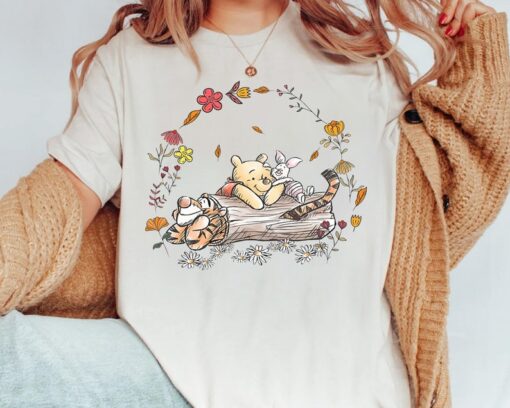 Cute Disney Winnie The Pooh & Friends Group Shot Floral Retro Shirt