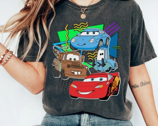 Disney Retro 90s Style Group Shot Pixar Cars Characters Squad Shirt