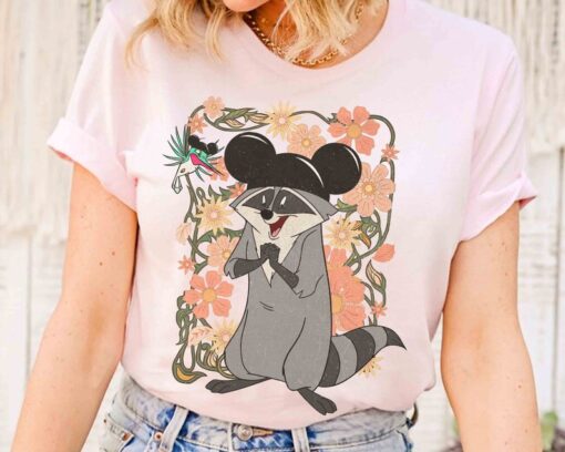 Cute Meeko Raccoon And Flit With Mickey Ears Floral T-shirt