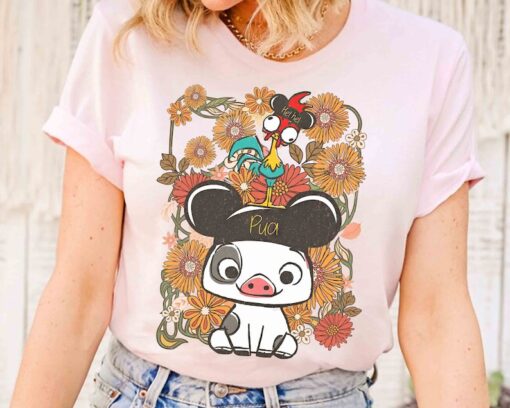 Vintage Hei Hei Rooster Pua Pig With Mickey Ears Floral T-shirt