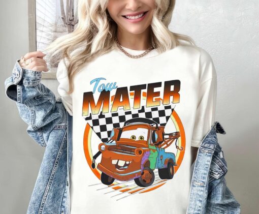 Retro 90S Disney Cars Tow Mater Checkerboard Racing Shirt