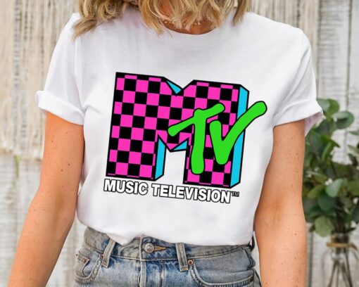 Classic MTV Logo Pink And Blue Checker Design T-Shirt, MTV Shirt