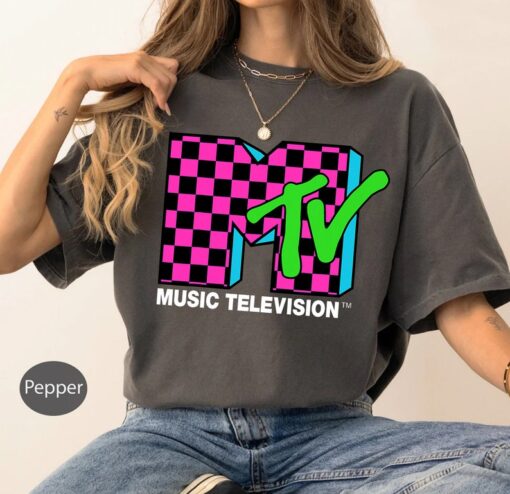 Classic MTV Logo Pink And Blue Checker Design T-Shirt, MTV Shirt