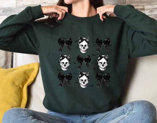 Halloween Skull Black Bow Sweatshirt, Retro Halloween Shirt