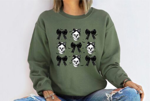 Halloween Skull Black Bow Sweatshirt, Retro Halloween Shirt