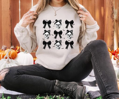 Halloween Skull Black Bow Sweatshirt, Retro Halloween Shirt