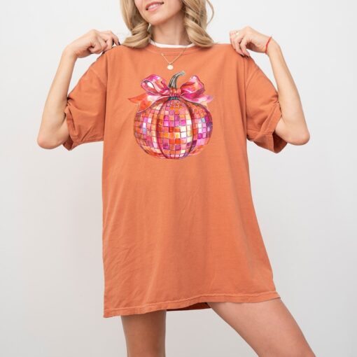 Pink and Orange Disco Ball Pumpkin Comfort Colors T Shirt, Halloween T