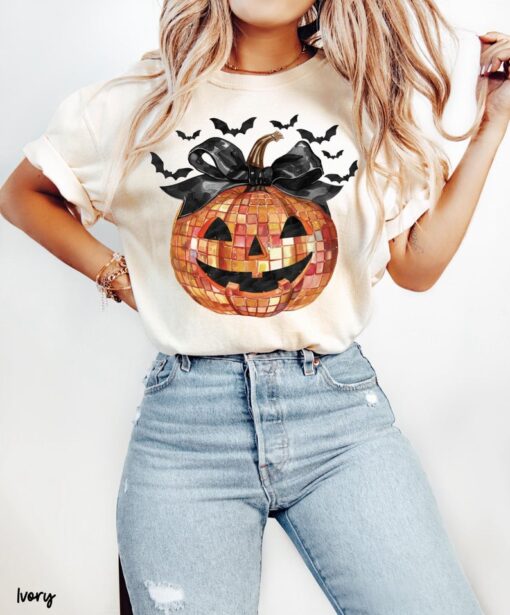 Disco Ball Pumpkin Shirt with Coquette Bow, Women's Halloween Shirt